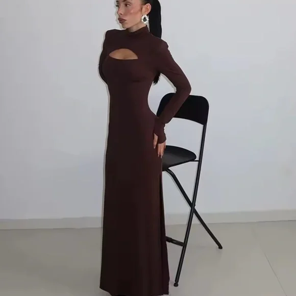 Long Sleeve Cutout Maxi Dress in Dark Brown - Picture 1 of 5